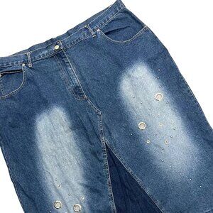 Vintage Y2K Erica Brooks Denim Midi Skirt Plus Size 24 Studded Grunge Boho
